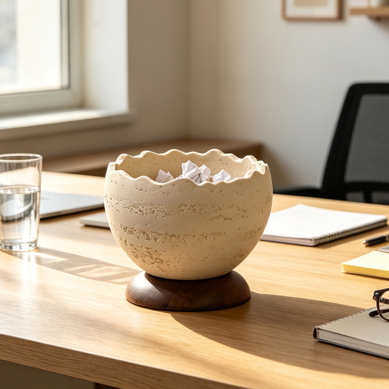 Creative Wavy-Edge Desktop Trash Can with Wooden Base, Office Trash Bin, Home Decoration Waste Paper Storage Bin Creative Wavy-Edge Desktop Trash Can with Wooden Base, Office Trash Bin, Home Decoration Waste Paper Storage Bin