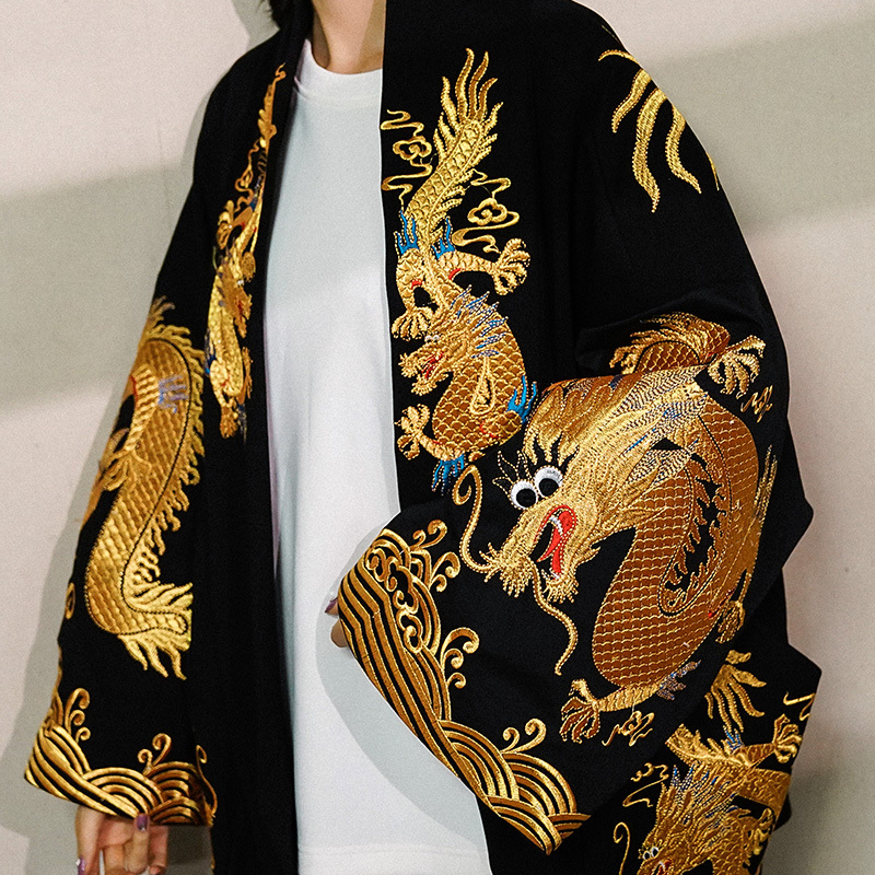 Dragon Robe for Women, Chinese Style Embroidered Jacket, Tiktok Same Style, Long-Sleeved Loose Coat, Kimono, Ethnic Style, Hip-Hop Hanfu, Spring