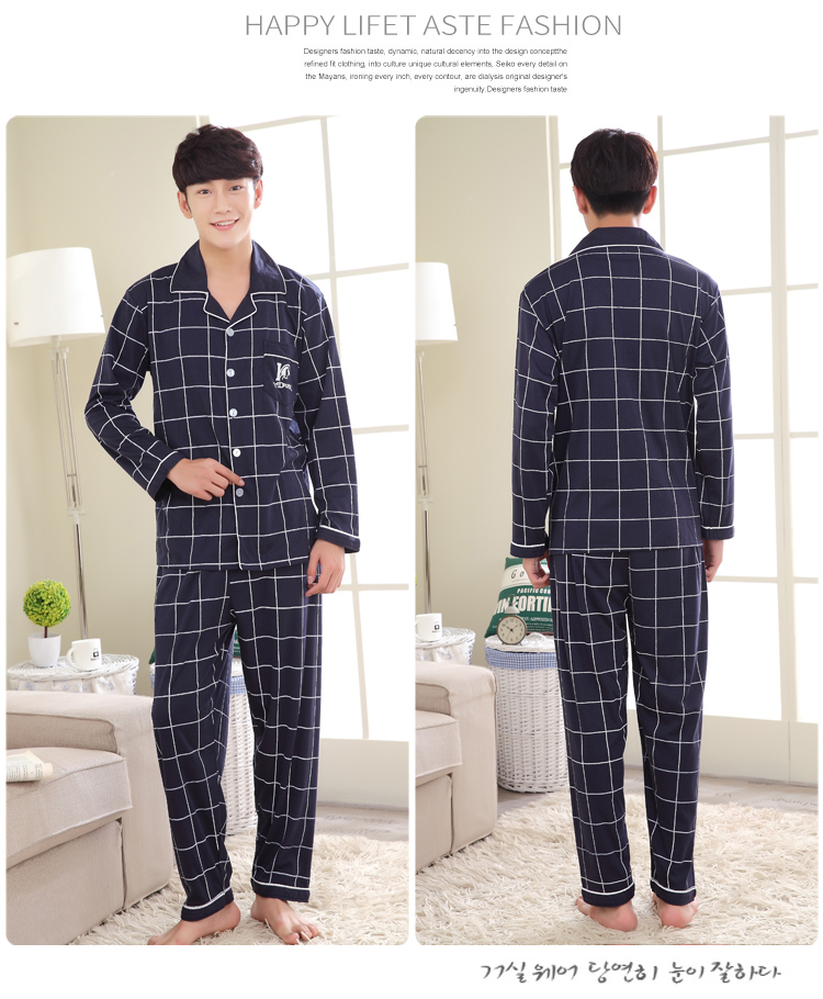 Bộ đồ ngủ nam dài tay cotton mùa thu Thanh niên mùa xuân và mùa thu cotton Trung niên nam XL Bộ dịch vụ gia đình đồ bộ mặc nhà cao cấp
