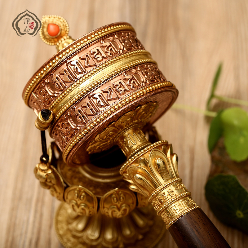 Sub-green pure copper shake-to-cylinder sandalwood six-word true-to-hand-to-wheel lotus warp wheel Lotus via wheel