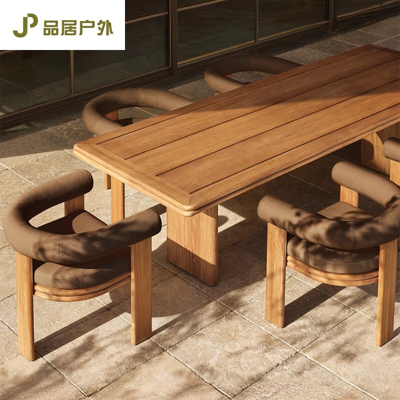 Outdoor High-End Teak Table and Chairs for Courtyard, Garden, Open-Air Villa, Waterproof Leisure Furniture Set with One Table and Six Chairs