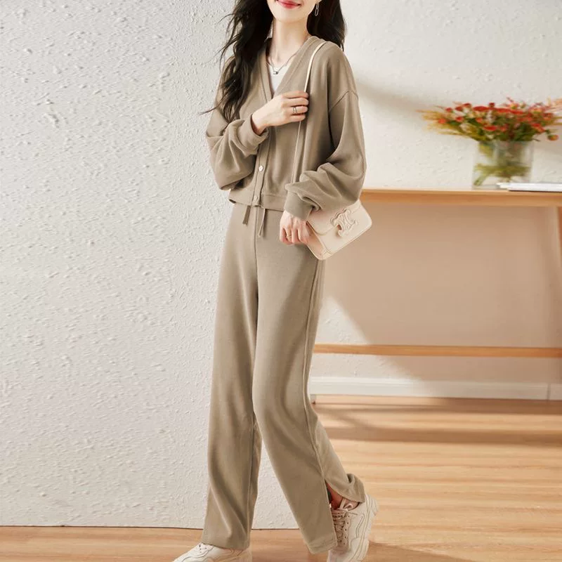Осенний спортивный костюм, комплект, куртка, вельветовые брюки, oversize, V-образный вырез, свободный прямой крой