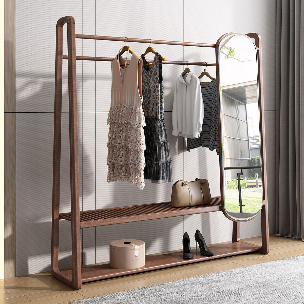 Walnut wood wood coat frame floor bedroom hanger coat rack with mirror one-in-one fitting mirror household shelf