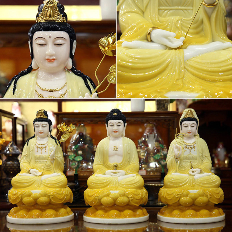 White marble yellow glaze Western three holy ornaments Guanyin Bodhisattva Amitabha Buddha Da Shizhi Bodhisattva statue Buddha statue