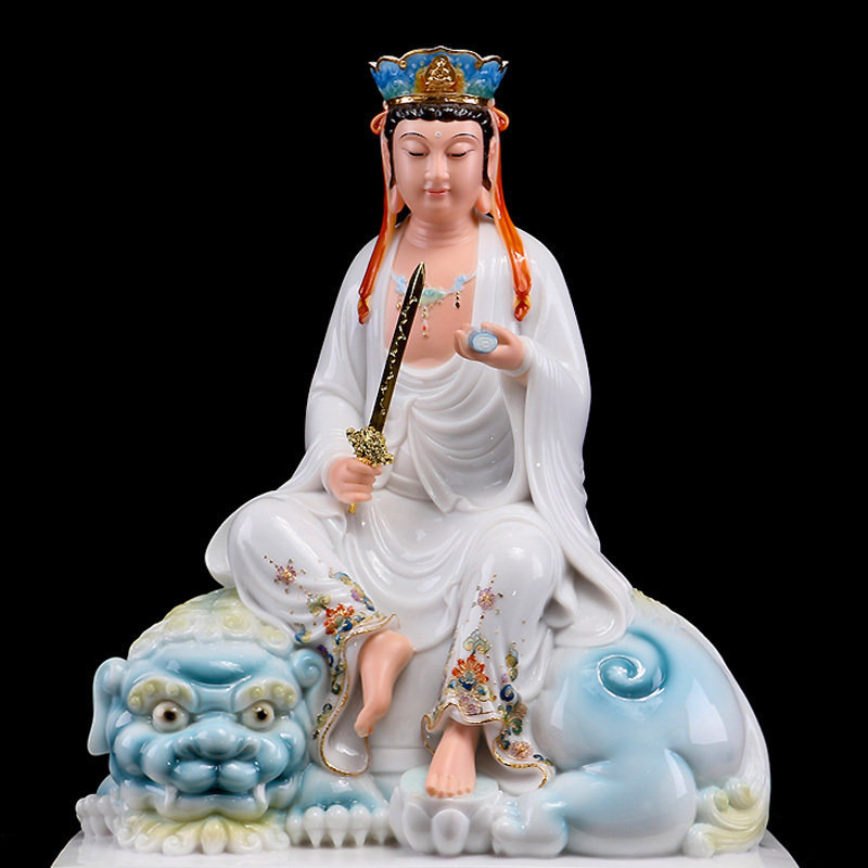 White marble Manjusri Samantabhadra Buddha statue Manjushri Bodhisattva Samantabhadra ornaments home Huayan Sansheng living room ornaments