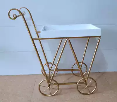 Retro wrought iron solid wood fashion drink trolley Creative mobile small dining car Bookshelf Birthday party cake cart