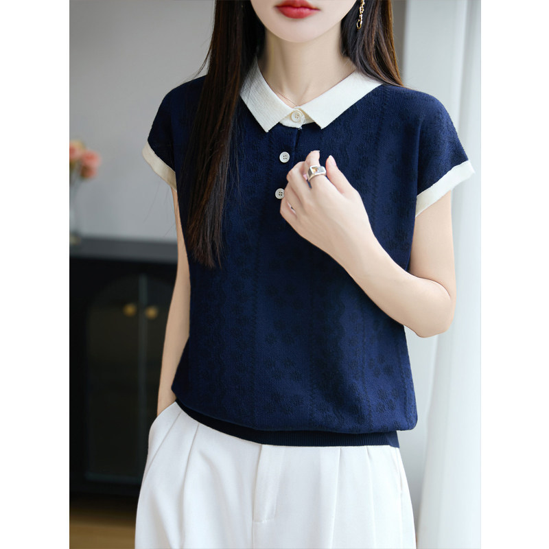 Color-Blocked Small Lapel Short-Sleeve Women's Summer New Style Raglan Flutter Sleeve Polo Collar Jacquard Knit T-Shirt Versatile Top