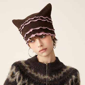 Cute Color-Blocked Lace Cat Ear Hat for Girls, Korean Y2K Style Knitted Hat, Unique and Fashionable Ear-Flap Beanie