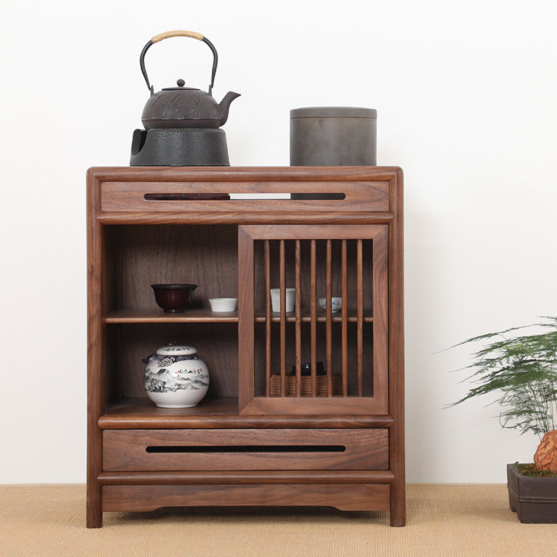 New Chinese tea cabinet dining cabinet black walnut storage cabinet old elm side cabinet low cabinet simple solid wood tea cabinet furniture