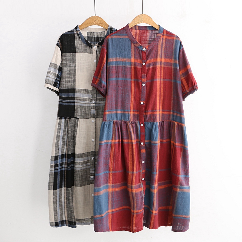 Cotton linen black and white plaid one-piece dress lady loose large size new summer short sleeve red flower plaid with long dresses