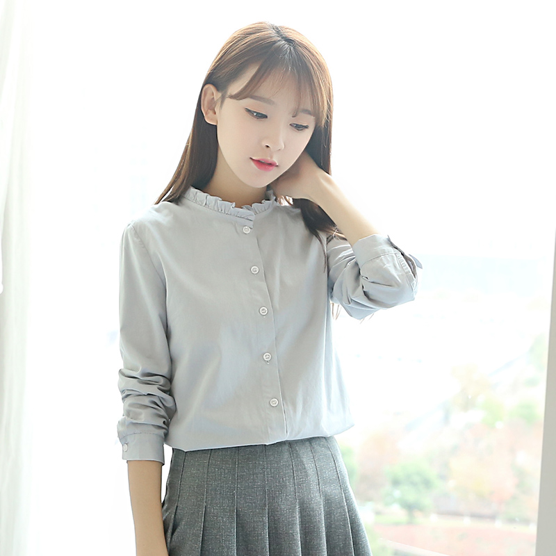 2019 Spring Autumn Clothing New Agaric Side White Shirt Woman Long Sleeve Han Edition Loose student upright collar Little Qing New blouse