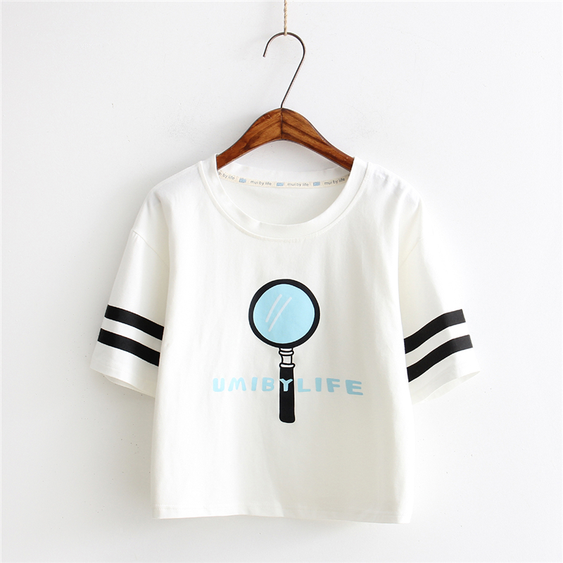 2019 Summer New Day Series Magnifier Printed Fresh Short Sleeve T-shirt Woman Round Collar Inside Lap T-shirt College Wind