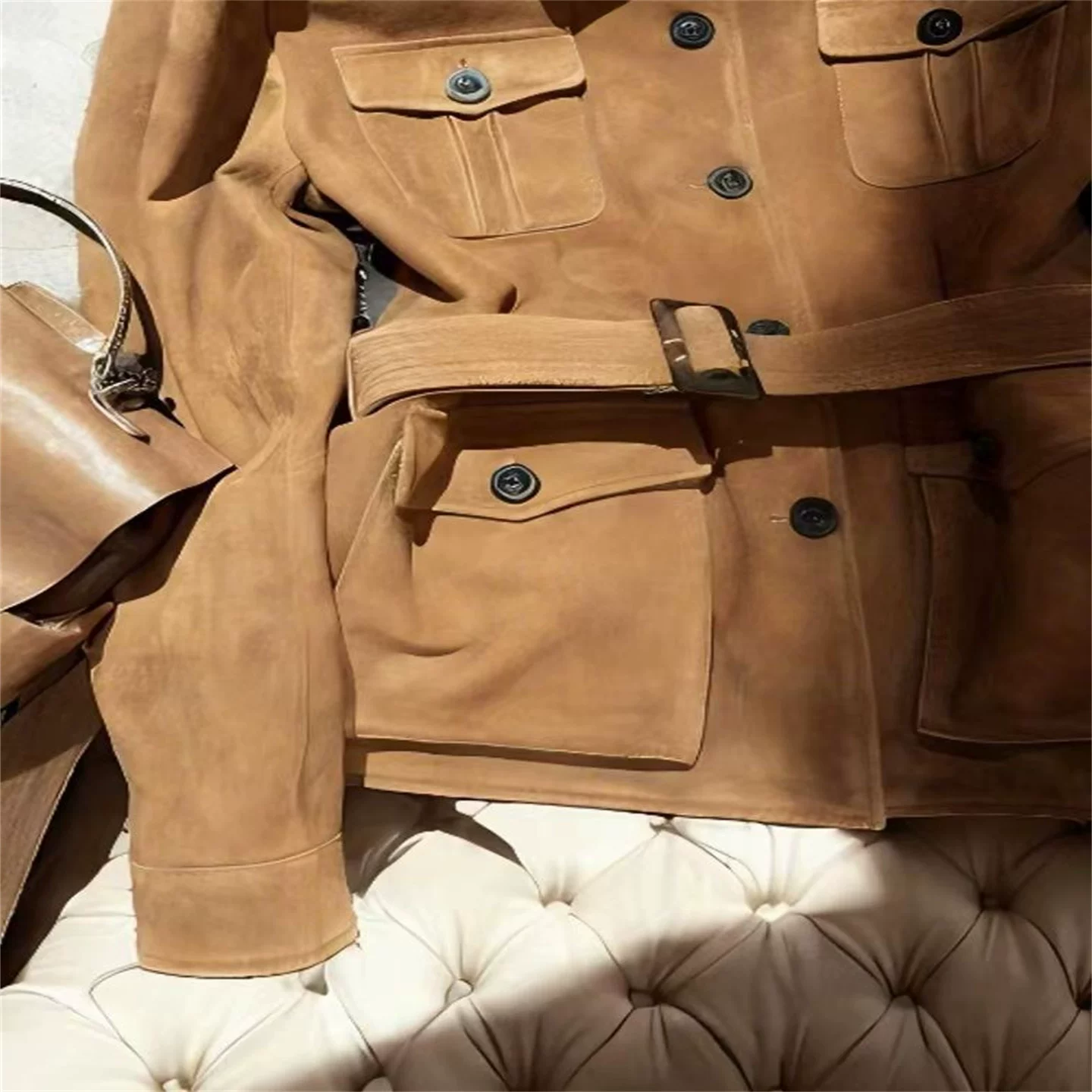 Коричневая ретро-куртка, подтяжки, тренчcoat, стиль высокого качества, свободный крой