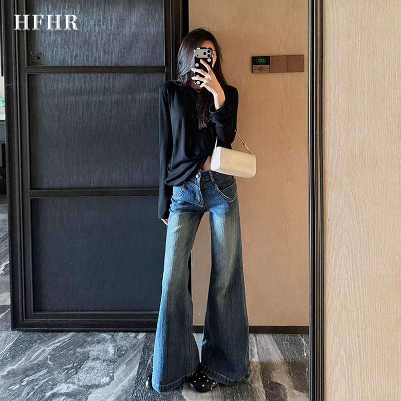 Hfhr American Retro Blue Bamboo Pattern Flared Jeans for Women, Early Autumn New Style, Low-Waisted, Slimming, Non-Tight Flared Pants