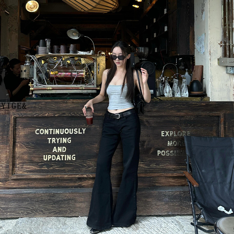 [Super Black Cow] Low-Waisted Flared Jeans for Women, 2026 Spring New Style, Stretchy Leather Brand Design Flared Pants