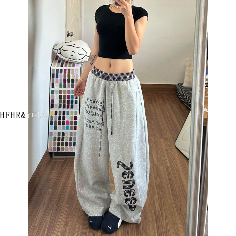 Hfhr American-Style Plaid Color-Blocking Casual Sweatpants for Women, Loose Fit with Letter Embroidery, Jazz Dance Curved-Leg Sports Pants