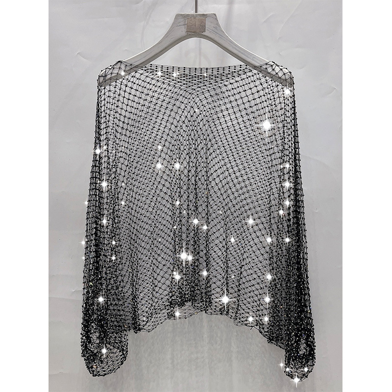 Fashionable Yanni Heavy-Duty Rhinestone-Embellished Top with Hollow-Out See-Through Fishnet Bikini Cover-Up, Off-Shoulder Women's Clothing for Nightclub Performances