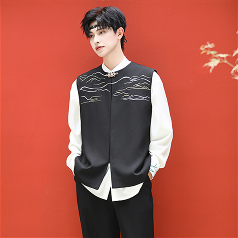 New Chinese Style Men's Shirt with Mandarin Collar, Embroidered Shirt, Large Size Traditional Style Top, Middle School Student Vest Set for Autumn New Chinese Style Men's Shirt with Mandarin Collar, Embroidered Shirt, Large Size Traditional Style Top, Middle School Student Vest Set for Autumn