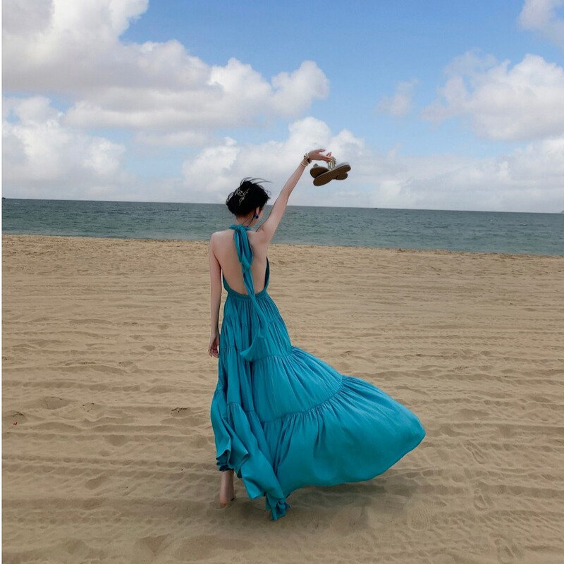 Beach Vacation Dress, Backless Halter Neck Beach Long Dress, V-Neck Blue Slit Flared Dress, Thailand, Yunnan, Desert Beach Vacation Dress, Backless Halter Neck Beach Long Dress, V-Neck Blue Slit Flared Dress, Thailand, Yunnan, Desert