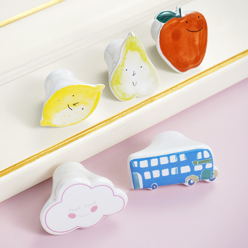 Cartoon Ceramic Wardrobe Handle Children Room Containing Cabinet Drawers Colored Clouds Car Fruit Cabinet Handle