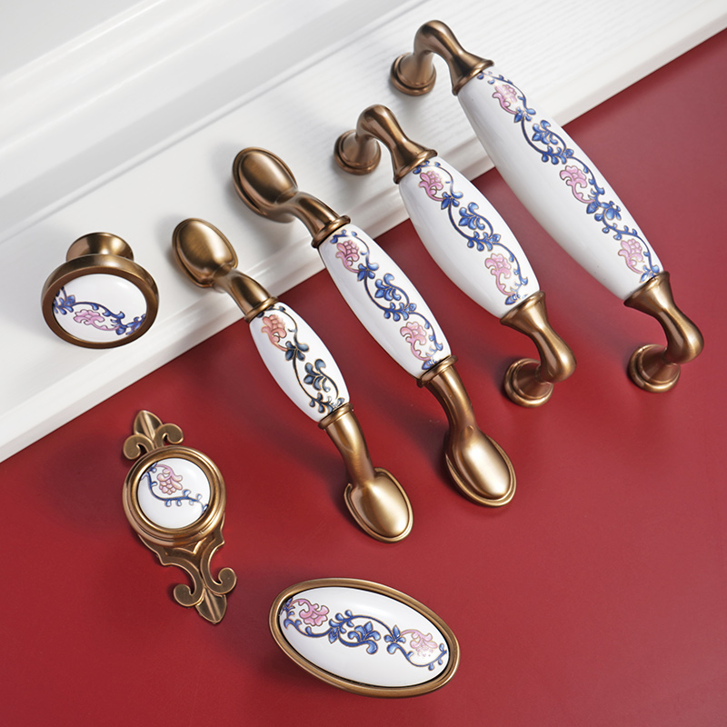 European-style American wardrobe handle Champagne ceramic cabinet door handle oval single-hole long strip shoe cabinet small handle