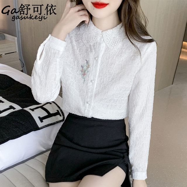 Spring 2023 new women's embroidered small fresh jacquard chiffon shirt long-sleeved thin section foreign style early spring top