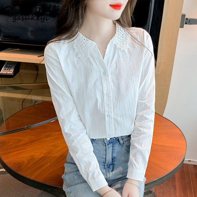 Spring 2023 new cotton shirt women's foreign style cotton ladies shirt long-sleeved fashion age-reducing lace top