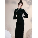 Демисезонное ципао, элитный черный бархатный лонгслив, платье, коллекция 2023