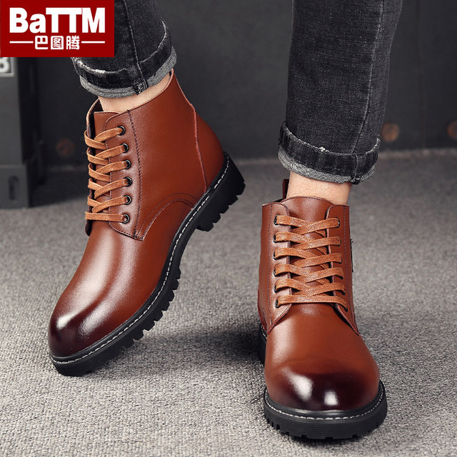 Winter Martin boots men's high-top leather shoes pure leather mid-top business fashion short boots British black velvet boots men's velvet