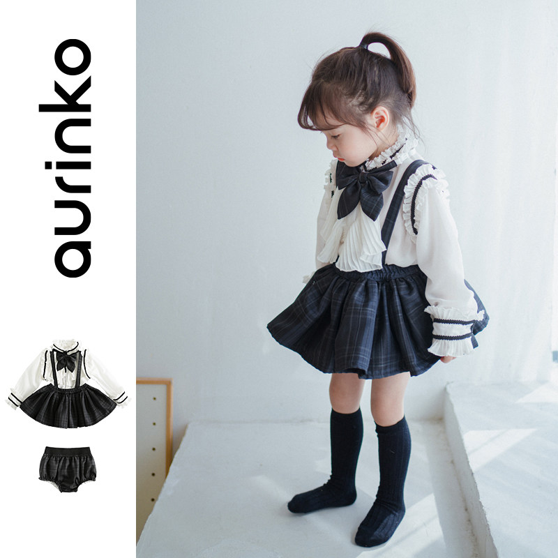 Girl JK Dress Spring College Fengqiu Children's Strap Pongbold Cross Kindle Kindle Baby Oceanography