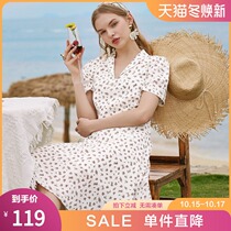 Hundred figure V collar flower dress French short sleeve waist over knee slim slim long skirt ins2021 spring and summer