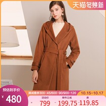 Baitu hooded woolen coat womens long temperament waist strap woolen coat autumn and winter