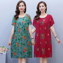 Mothers round neck embroidery womens summer cotton silk loose middle-aged thin section large size 2021 new short dress short