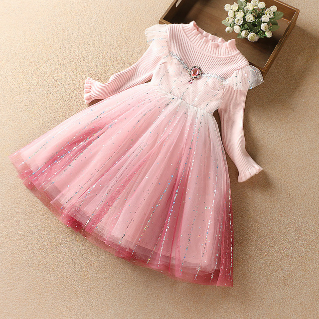 Girls' Frozen Elsa Princess Dress Elsa Spring and Autumn 2026 Sweater Dress Puffy Tulle Skirt Elsa Costume