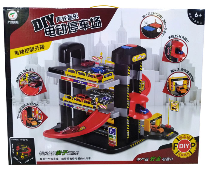 DIY sound and light music electric parking toy three-layer five-layer elevator electric lifting simulation gas station slide rail