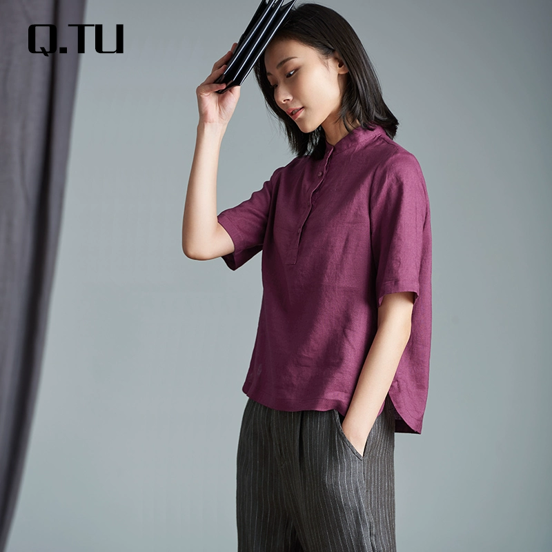 qtu ban đầu của phụ nữ áo sơ mi vải lanh đứng cổ áo ngắn tay đơn giản hàng đầu lỏng lẻo thoải mái phù hợp với tất cả các mô hình nữ W2050 - Áo sơ mi