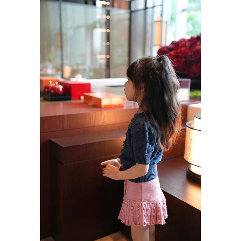 Anyingirl【Green Peach】Vintage Handmade Crochet Flower Girl's Short-Sleeved Knitwear and Skirt Pants Set