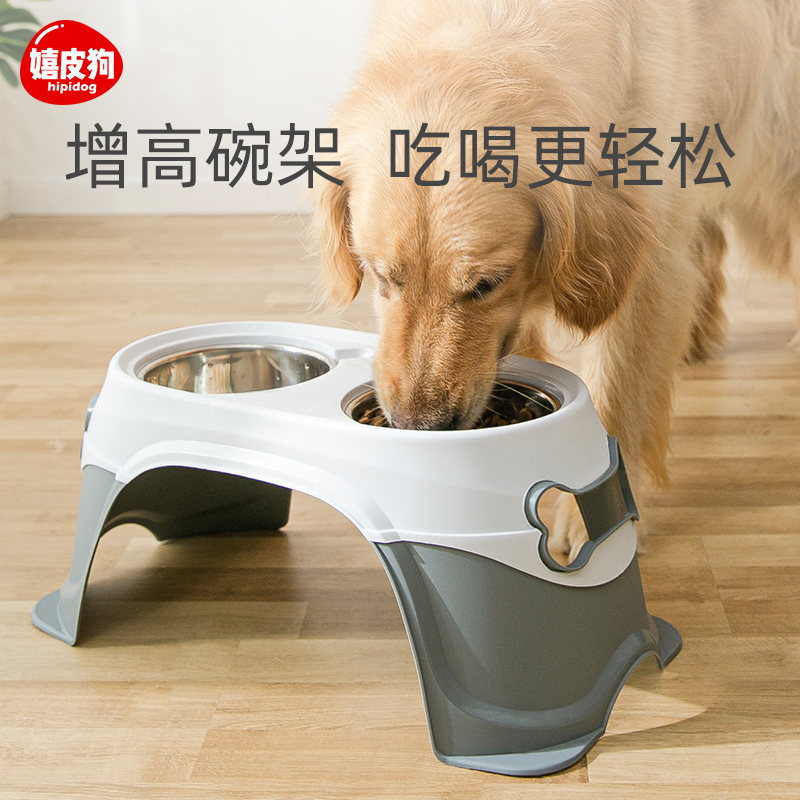 Dog Basin Dog Bowl Large Dog Anti-Roll Stainless Steel Double Bowl Protection Cervical Dog Food Basin Gold Wool Dog Food Bowl supplies
