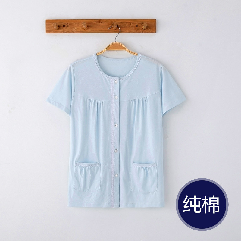 Summer ladies short-sleeved pajama tops single piece cotton thin cardigan crew neck mom solid color homewear can be worn outside