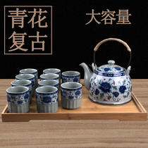  Jingdezhen blue and white porcelain beam-carrying pot set Tea set Large household peony flower ceramic tea pot with filter