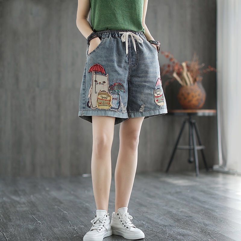 Women's Denim Shorts, New Summer Style, Artistic Embroidery, Plus Size, Ripped Embroidery, Elastic High Waist, Harem Five-Point Pants