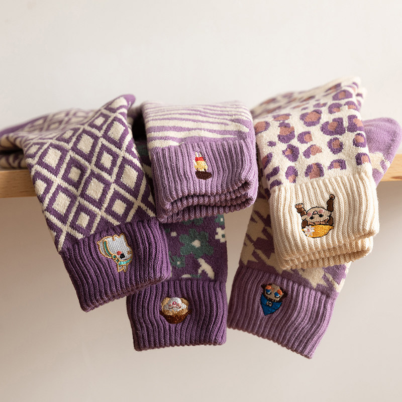 Embroidered gentle purple autumn and winter terry thickened warm ins middle tube