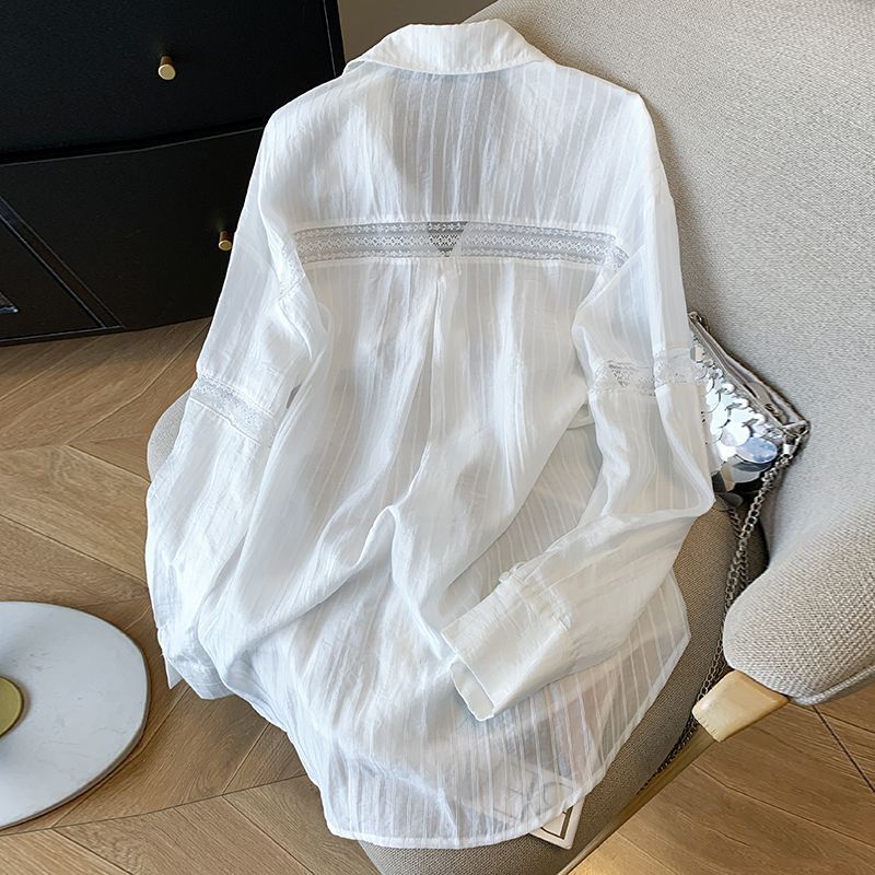 Hollow Lace Design Blue Striped Sun Protection Shirt for Women, Summer Lazy Style Thin Loose White Shirt Jacket