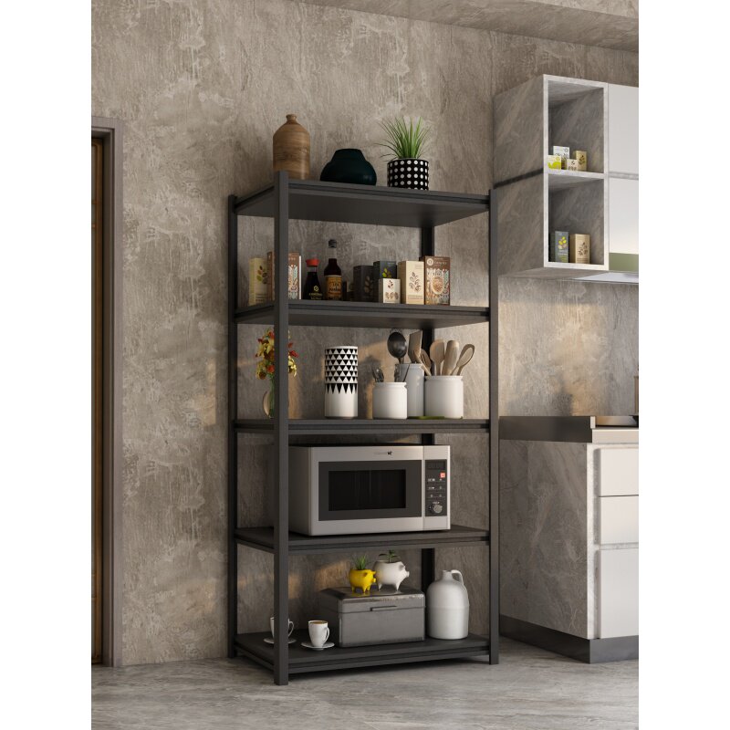 Black kitchen shelf floor multi-layer storage cabinet microwave oven shelf household goods storage