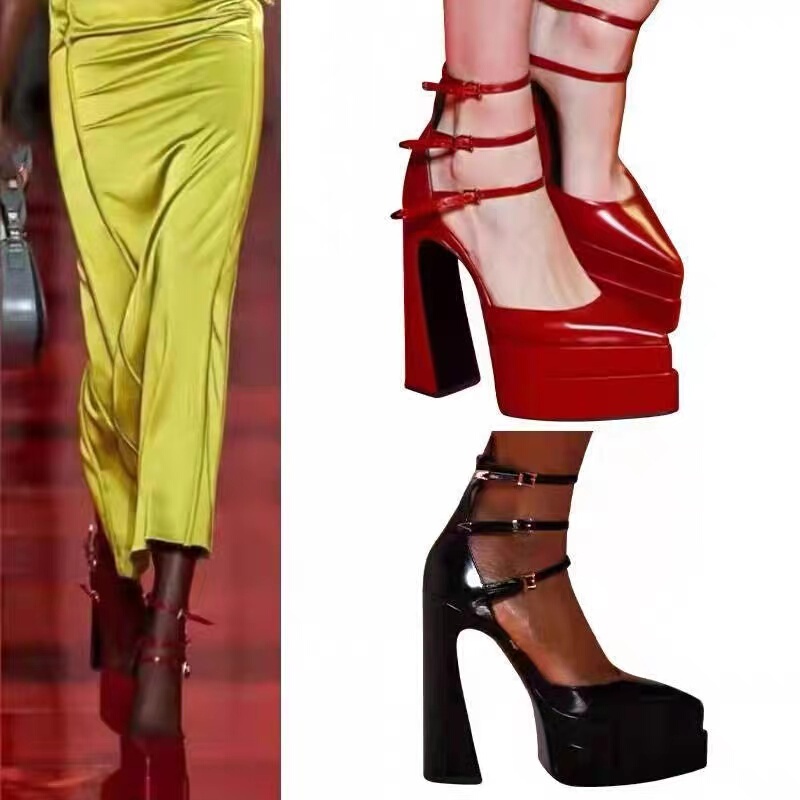 European and American Style Ultra-High-Heeled Red Platform High-Heeled Shoes, Pointed-Toe Sandals, Fashionable Niche Closed-Toe Single-Strap Shoes for Women