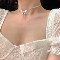 Niche design sense Super fairy butterfly choker female Net red necklace Crystal French collar choker neck chain tide
