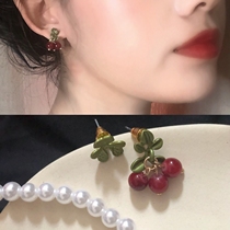 Japanese small cute earrings red cherry green leaves asymmetric stud female silver ear clip