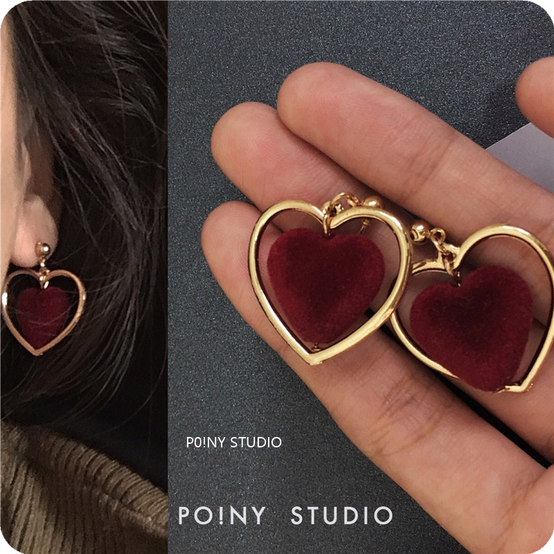 po ny studio minimalist earrings 2022 new tide retro wine red loving peach heart ear pin female