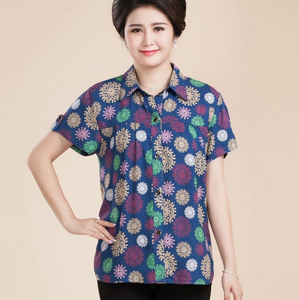Đầm cotton cho bé gái trung niên mùa hè ngắn tay áo sơ mi tay dài 50-60-70 tuổi - Quần áo của mẹ đồ bộ mặc nhà cho người trung niên