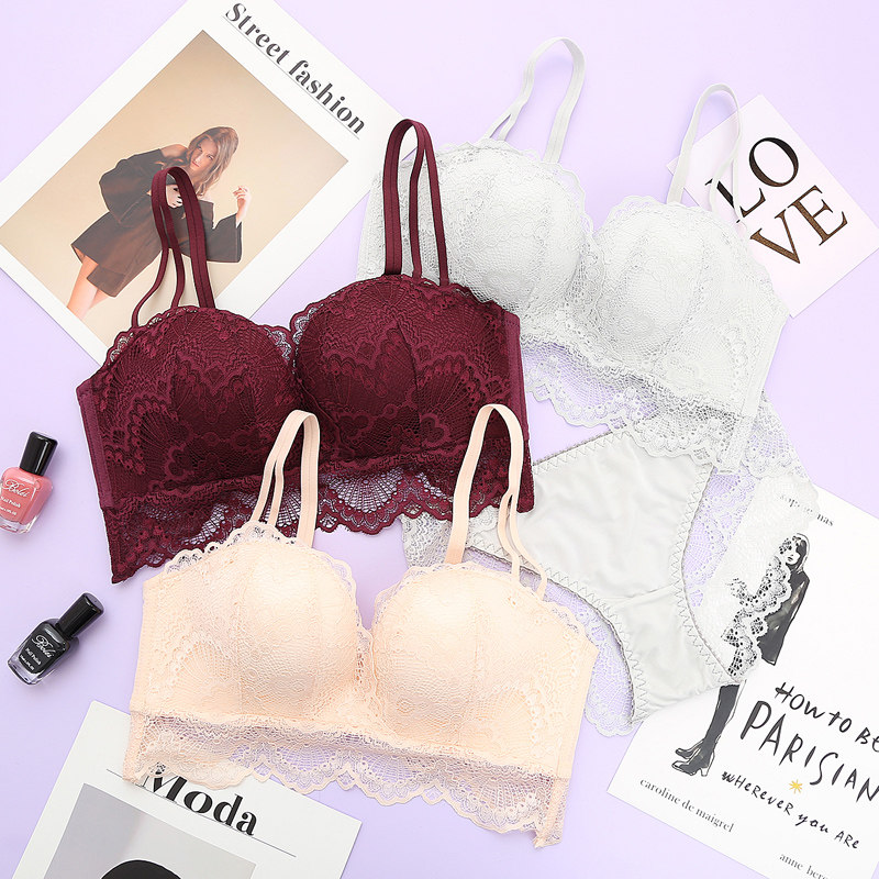 Lingerie Suit Female Lace Sexy Bra Poly-up Breast Anti-Drooping Adolescent Girl Little Breast-No Steel Ring Bra
